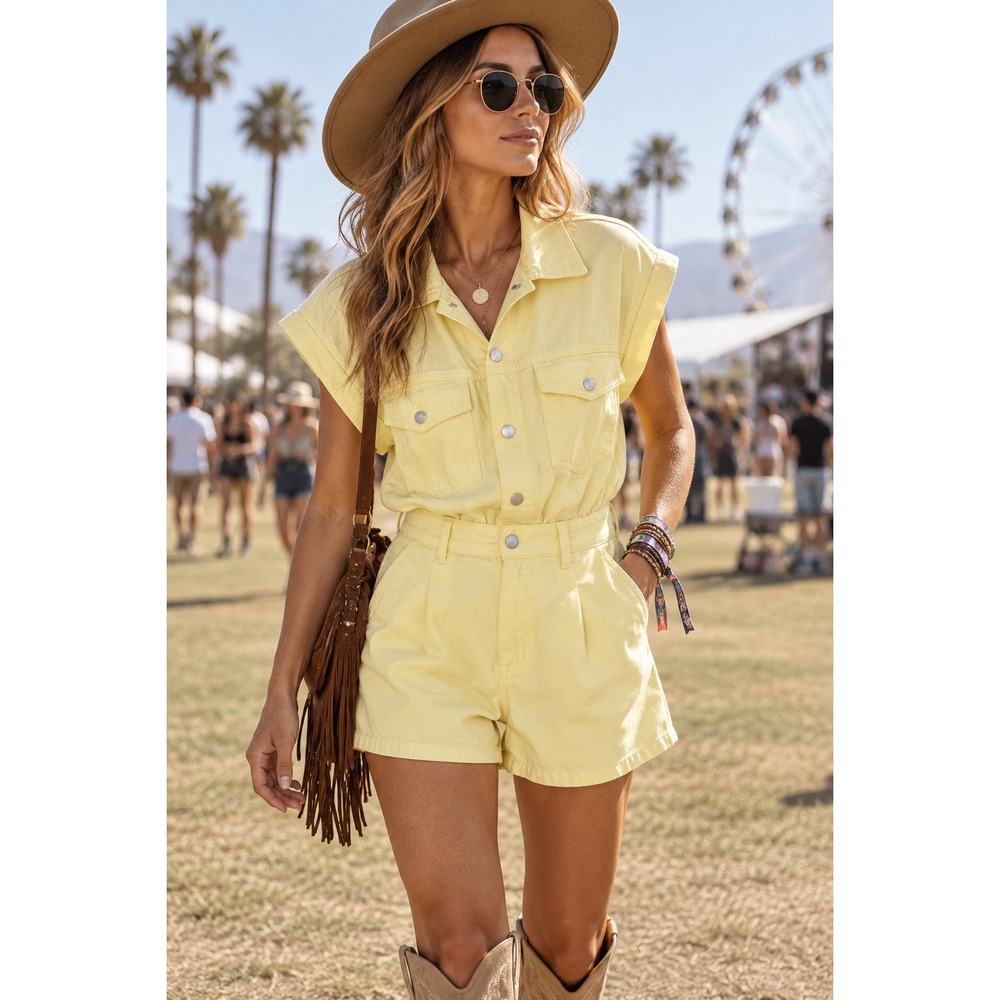 BlankNYC Yellow Denim Romper Button Front Utility Short Jumpsuit 72XV8771 Large